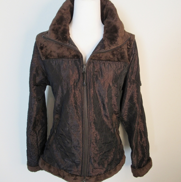 Athleta Brown Quilted Jacket w/Faux Fur Trim Sz M